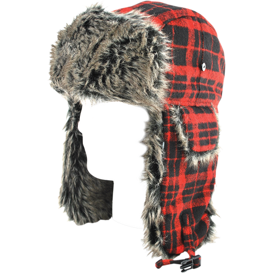 TROOPER HAT W/ GREY FUR BUFFALO PLAID